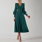 Single Breasted Dress High Waist Satin Long Dress V Neck Women Midi Dresses Lantern Sleeve