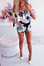 Women Streetwear Patchwork Design Belt Decor One Neck Off Shoulder Short Sleeve Jumpsuits