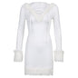 Furry White Bodycon Mini Dresses Women Autumn Long Sleeve Hooded V Neck Dress