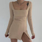 Square Neck Ribbed Black Dress Female Knitted Side Split Bodycon Dress Long Sleeve Mini Dresses