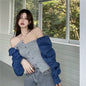 Patchwork Denim Shirts Women French Square Collar Puff Blouses Long Sleeve Crop Tops