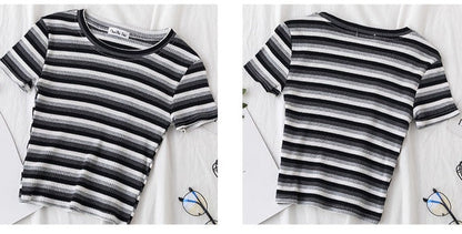 Women's short navel-baring rainbow striped tight T-shirt