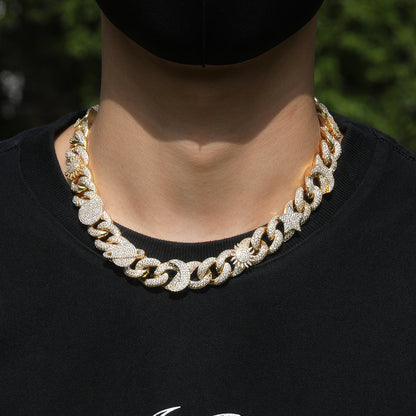 Hip-hop zircon-encrusted sun, star and eye necklace
