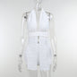 White Deep V-neck Halter Bandage 2 Pieces Sets Sleeveless Backless Suits Outfits with Shorts