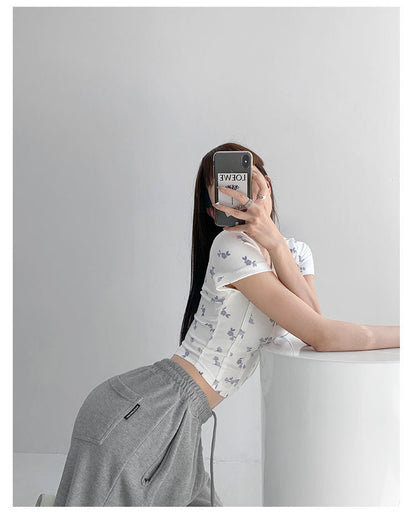 Summer Floral Cropped Top Women Slim Square Neck Short Sleeve White T-shirts Female