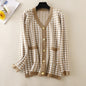 V-neck Striped Cardigans Sweaters Long Sleeve Loose Knitted Open Stitch Outwear
