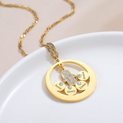 Round Family Name Necklace Hamsa Hand Stainless Steel Necklace Zircon Evil Eye Fatma's Hand