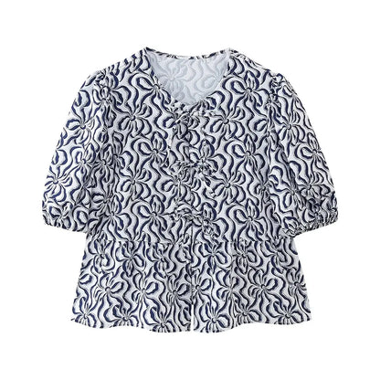 Leopard Blouse Puff Sleeve Crop Top Women's Summer Clothing